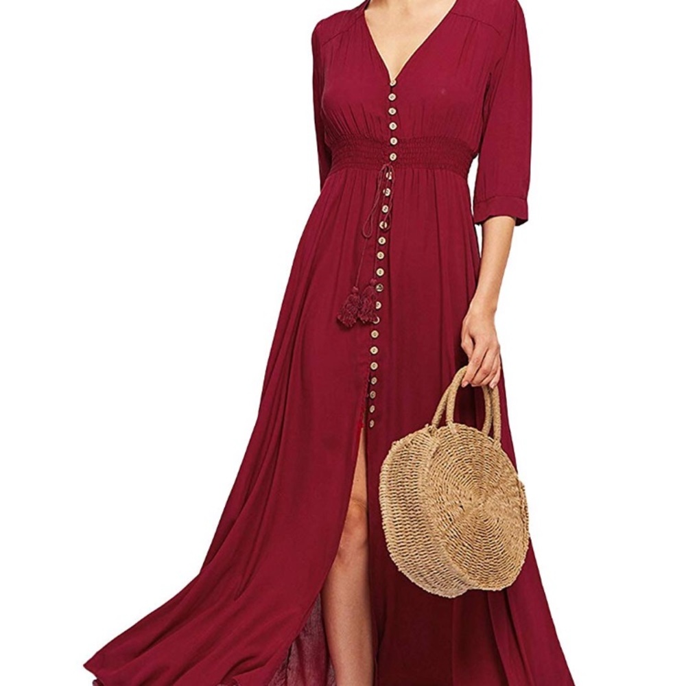 Maroon Burgundy Milumia Button up Flowy Maxi Dress